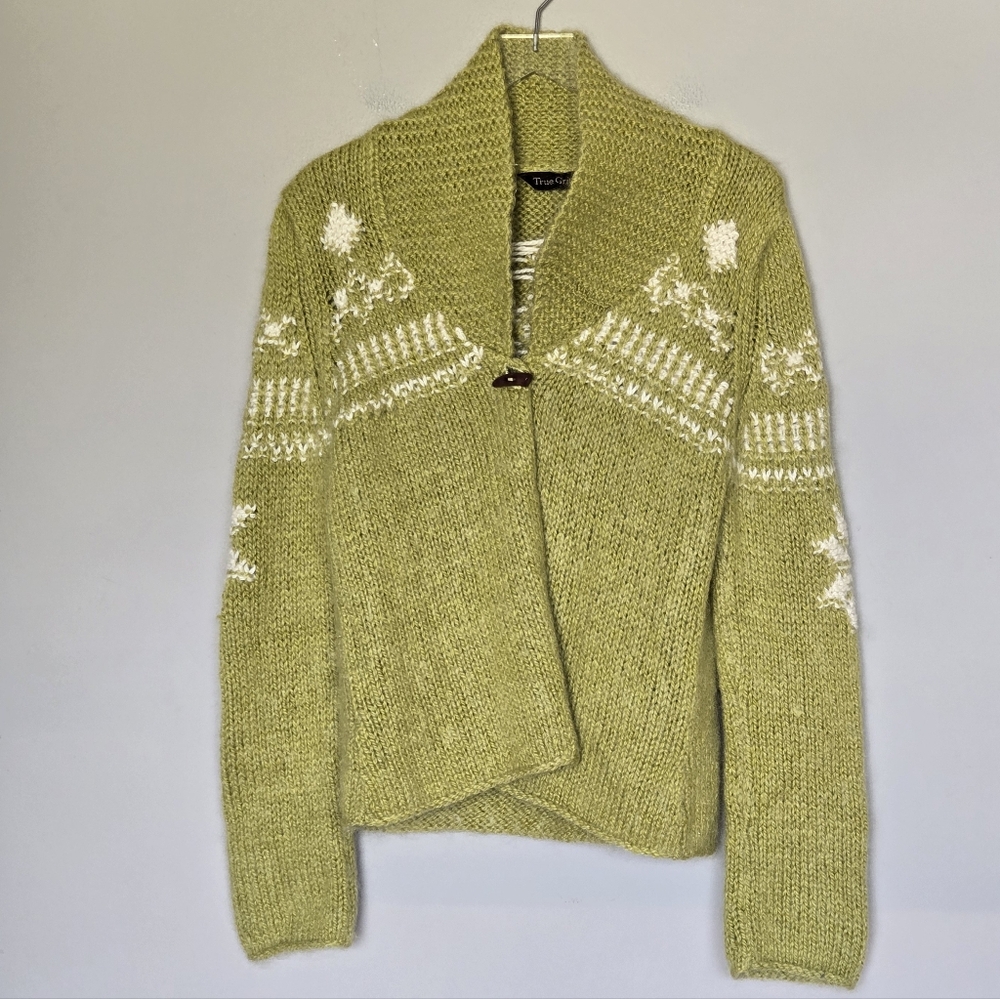 Handmade True Grit Wool Green Shawl Collar Nordic Fair Isle Cardigan Sweater - Picture 7 of 8